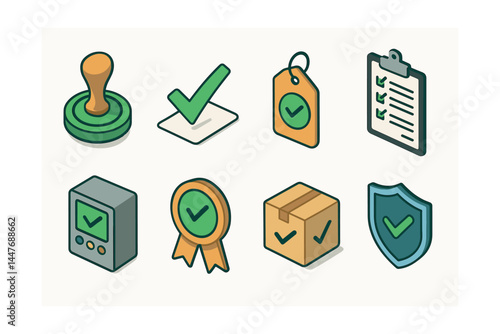 Quality control icons collection – stamp, checkmark, tag, checklist, device, ribbon, box, shield