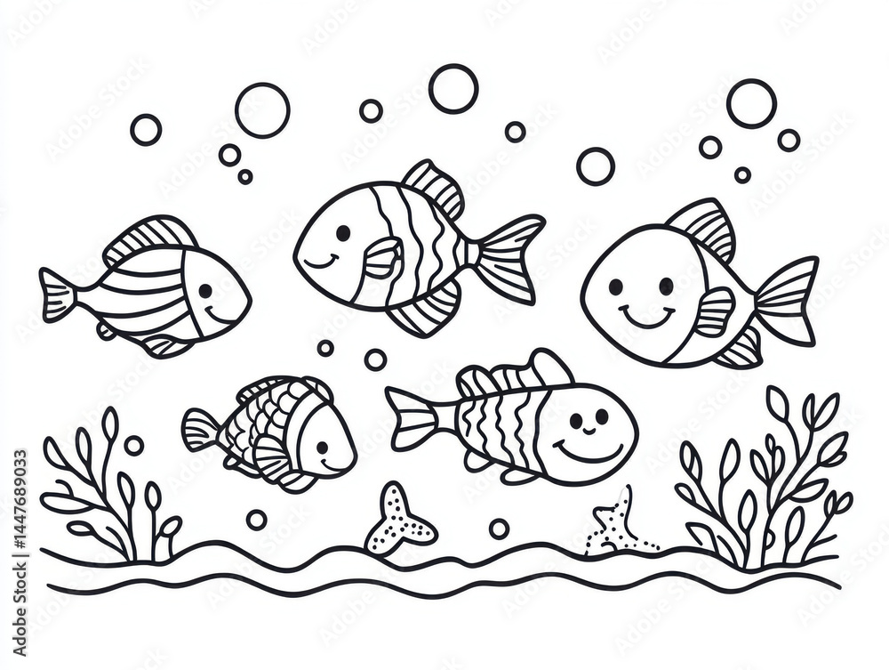 A delightful line art illustration in a coloring book style depicting a simple underwater scene. Six cartoon fish of different shapes and patterns are swimming in various A delightful line art illustration in a coloring book style depicting a simple underwater scene. Six cartoon fish of different shapes and patterns are swimming in various