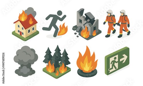Disaster response icons set – fire, rescue, emergency, evacuation, safety, hazard, crisis, alert