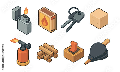Isometric fire tools icons set – lighter, matches, flint, cube, torch, wood, switch, bellows