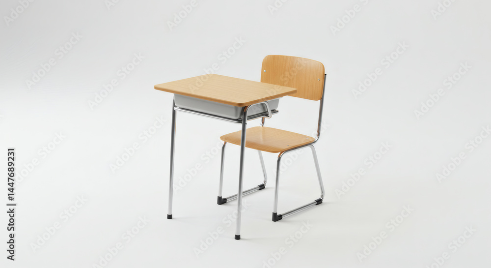 A minimalist school desk and chair set isolated on white, showcasing simple, functional design with modern realism A minimalist school desk and chair set isolated on white, showcasing simple, functional design with modern realism