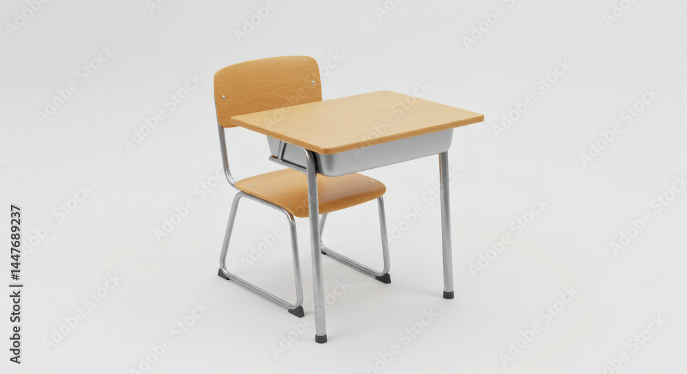 A minimalist school desk and chair set isolated on white, showcasing simple, functional design with modern realism A minimalist school desk and chair set isolated on white, showcasing simple, functional design with modern realism