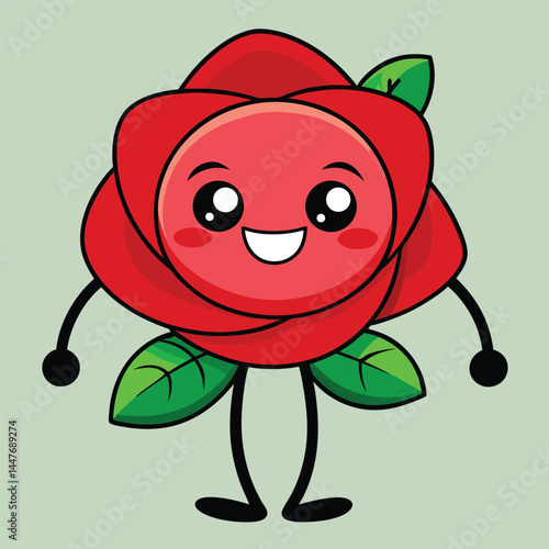 Cute cartoon red rose character with happy expression vector illustration