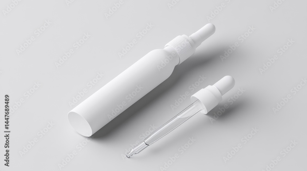 Clean, minimalist, white cosmetic bottles with dropper Clean, minimalist, white cosmetic bottles with dropper