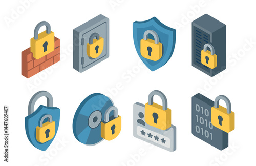 Cybersecurity protection icons set – lock, shield, firewall, data, encryption, password, secure