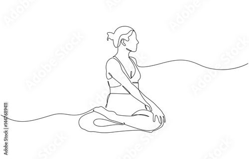 Continuous one line drawing of beautiful female yoga pose character, Woman doing yoga and meditation continuous line drawing. Fitness and gym concept.