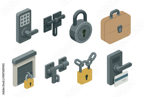 Isometric lock icons set – padlock, keypad, door, security, keychain, briefcase, gate, chain, card, latch