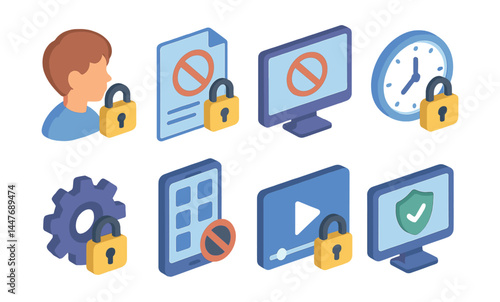 Parental control icons set – child, block, lock, screen, document, gear, device, shield