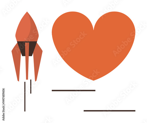 Minimalist orange rocket lifting off near a large heart. Ideal for innovation, love, passion, success, growth, creativity, motivation, and a simple landing page