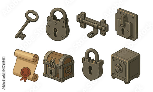 Vintage lock icons set – padlock, key, chest, safe, scroll, keyhole, latch