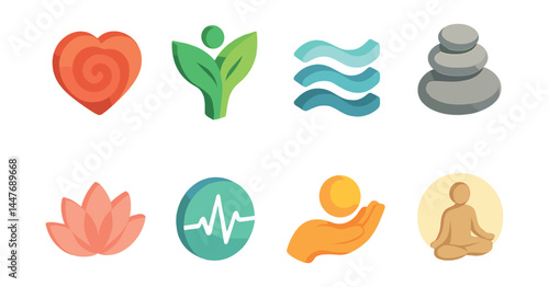 Health and wellness icons set – heart, leaf, waves, stones, lotus, pulse, hand, meditation