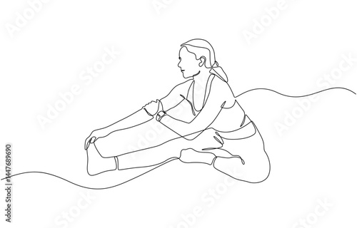 Continuous one line drawing of beautiful female yoga pose character, Woman doing yoga and meditation continuous line drawing. Fitness and gym concept.
