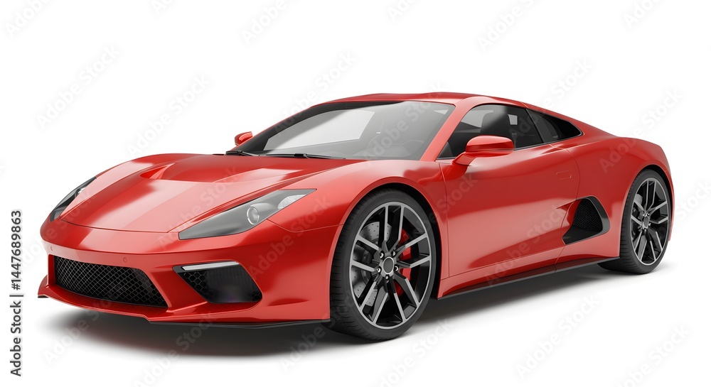 Dynamic low-angle, three-quarter front view of a stunning, bright red modern sports car, showcasing its aggressive aerodynamic design, sleek lines, low profile, and large performance alloy wheels with Dynamic low-angle, three-quarter front view of a stunning, bright red modern sports car, showcasing its aggressive aerodynamic design, sleek lines, low profile, and large performance alloy wheels with