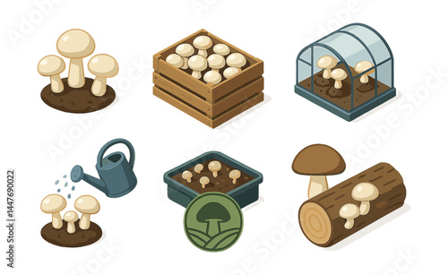 Isometric mushroom farm icons set – cultivation, harvest, greenhouse, watering, growth, log, basket