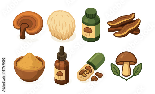 Medicinal mushrooms icon set – reishi, lions mane, supplement, capsule, powder