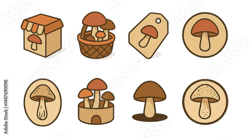Mushroom themed icons set – basket, tag, store, mushroom garden, cap, label