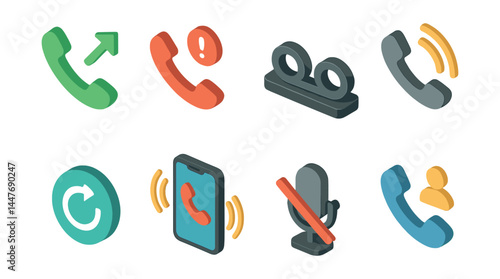 Phone features icons set – call, voicemail, speaker, mute, contacts, dial, repeat, incoming