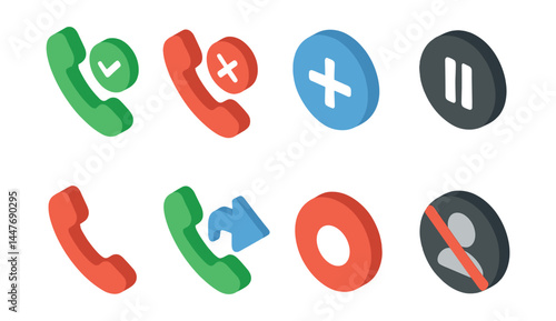 Isometric phone actions icon set – call, reject, add, pause, end, forward