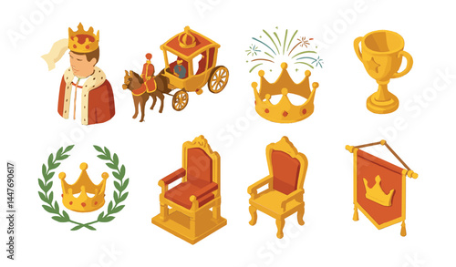Royal celebration icons set – monarch, carriage, fireworks, crown, trophy, throne