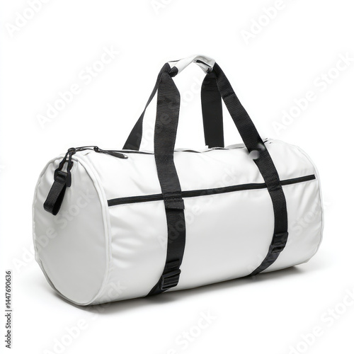 White cylindrical duffel bag with black straps and accents.  Durable,  lightweight,  and spacious