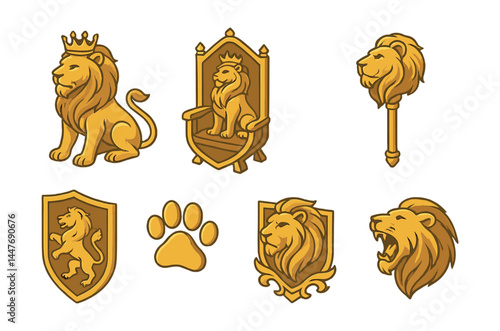 Regal lion icons set – crowned, throne, heraldry, paw, majestic, shield