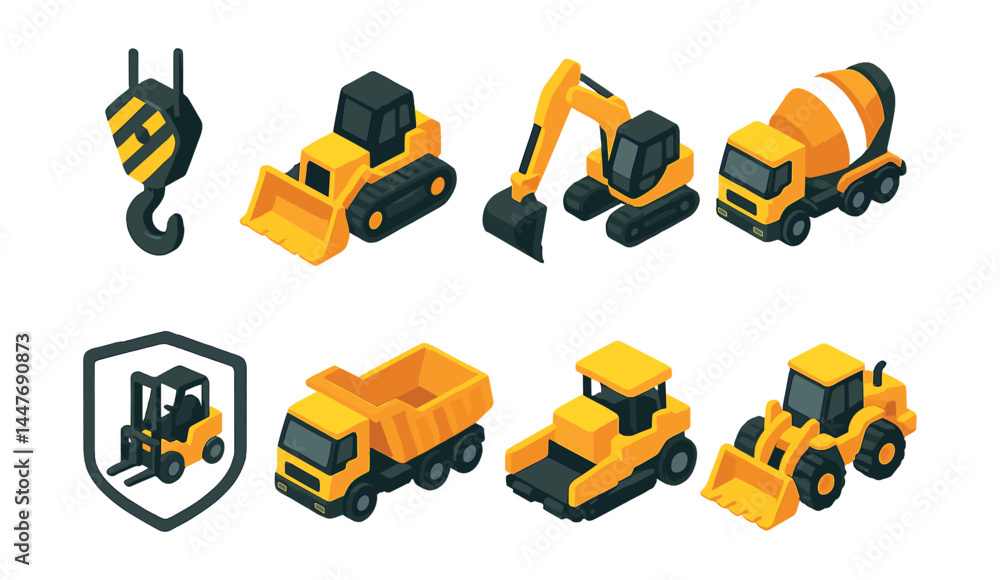 Fototapeta premium Heavy equipment icons set – excavator, bulldozer, dump truck, crane, forklift