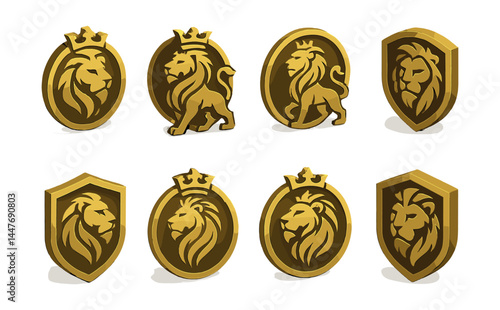 Regal lion emblems collection – crowned, shielded, profile, paw raised, royal, circular