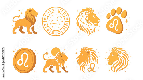 Leo zodiac icons set – lion, constellation, paw, emblem, head, astrology symbols