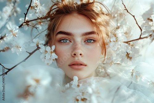 Obraz na płótnie Commercial marketing idea. Pretty caucasian young woman surrounded by cherry blossoms. Spring mood, early sunshine and fog. Woman in spring flowers with bright style. w salonie