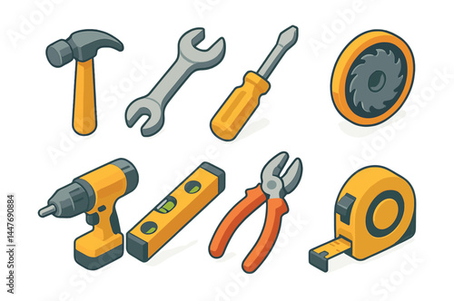 Isometric tool icons set – hammer, wrench, screwdriver, drill, level, saw, tape, pliers