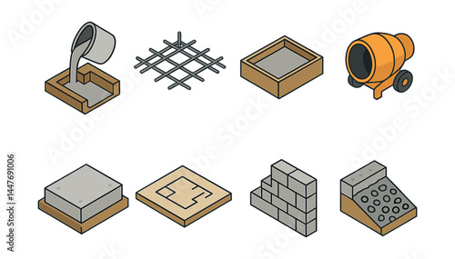 Concrete construction icons set – pouring, rebar, formwork, mixer, slab, block, brick, aggregate