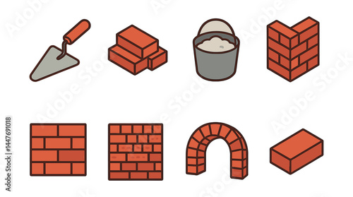 Bricklaying tools icons set – trowel, bricks, bucket, wall, arch