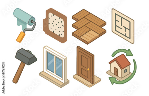 Home renovation icons set – paint, flooring, blueprint, hammer, window, door, house