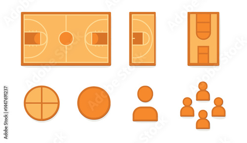 Basketball court design icons set – hoop, layout, circle, group, diagram