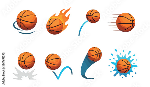 Dynamic basketball icons set – swish, fireball, bounce, splash, spin, motion, slam