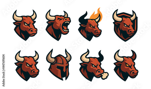 Fierce bull icons set – angry, horns, flame, helmet, snort, growl, shield, strong look