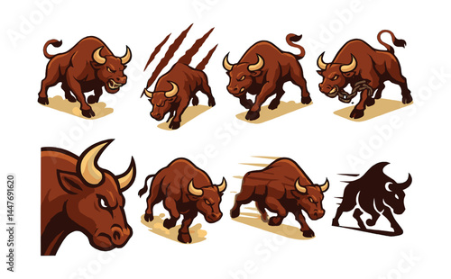 Aggressive bull icons set – charging, scratching, growling, angry, fierce, powerful, strong, dynamic, energetic, bold