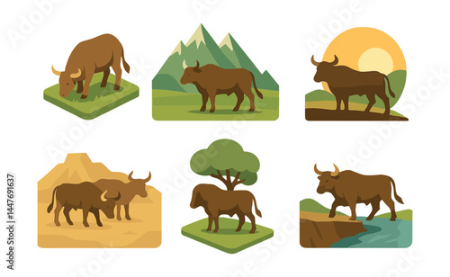 Wildlife icons set – bull, landscape, mountain, sunset, grassland