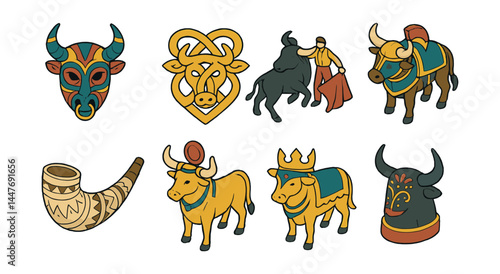 Cultural bull symbols icons set – mask, heart, bullfighter, horn, crowned bull, decorated bull