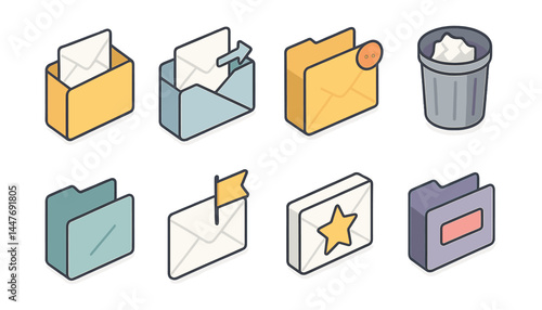 Isometric email icons set – inbox, drafts, sent, trash, flagged, starred, folder, compose