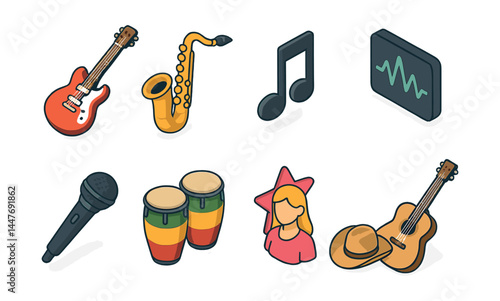 Diverse music icons set – guitar, saxophone, note, waveform, microphone, bongos, singer, hat