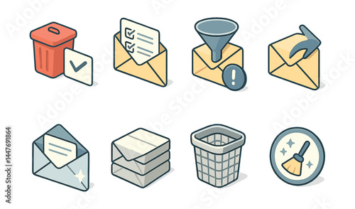Email management icons set – organize, compose, filter, inbox, delete, folder, send