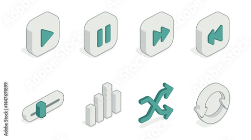 Isometric music control icons set – play, pause, forward, backward