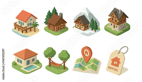 Isometric vacation properties icons set – beach house, cabin, mountain lodge, rental tag