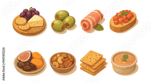 Gourmet food icons set – cheese, olives, ham, bruschetta, fig, nuts, crackers, dip