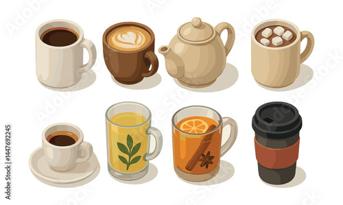 Isometric hot beverage icons set – coffee, tea, latte, cappuccino, mug, cup, teapot, herbal, cocoa, lemon