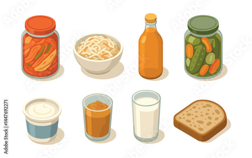 Fermented food icons set – kimchi, kombucha, pickles, yogurt, bread, miso, sauerkraut, kefir