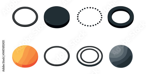 Isometric circle logos icons set – rings, dots, dimension, glow, texture, minimalist