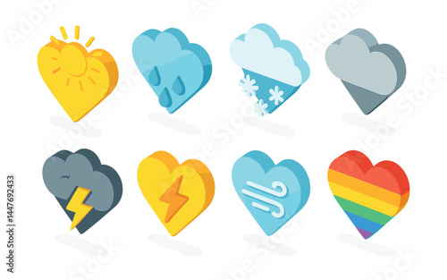 Weather-themed heart icons set – sun, rain, snow, cloud, lightning, wind, rainbow
