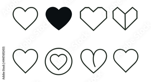 Minimalist heart icons set – classic, solid, angular, chevron, circle, split